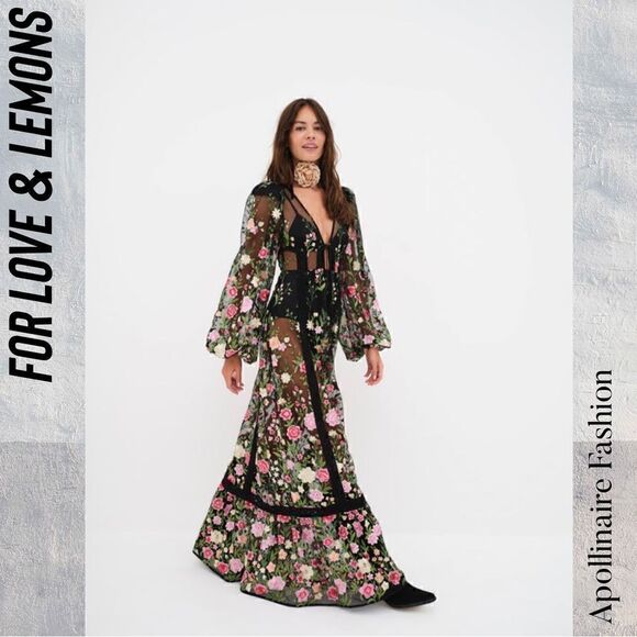 FOR LOVE AND LEMONS LUNA MAXI DRESS IN BLACK COMBO NWT XS FLORAL SHEER EMBROIDER - Picture 5 of 10
